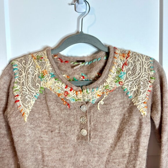 Free People Tan Wool Floral Lace Grandmacore Cottagecore Sweater Vtg Size Small - Picture 3 of 5